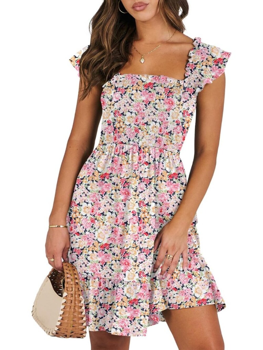 Women's Print Floral Casual Summer Dress Smocked Beach Cute Teen Mini Sundress